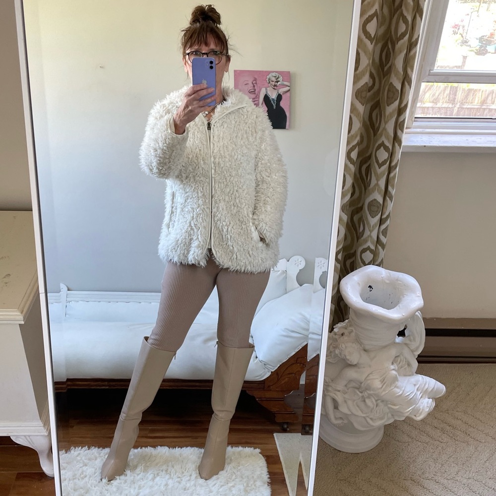 MADDEN GIRL CREAM FAUR FUR TEDDY JACKET HOOD ZIPPER POCKETS LEOPARD LINING